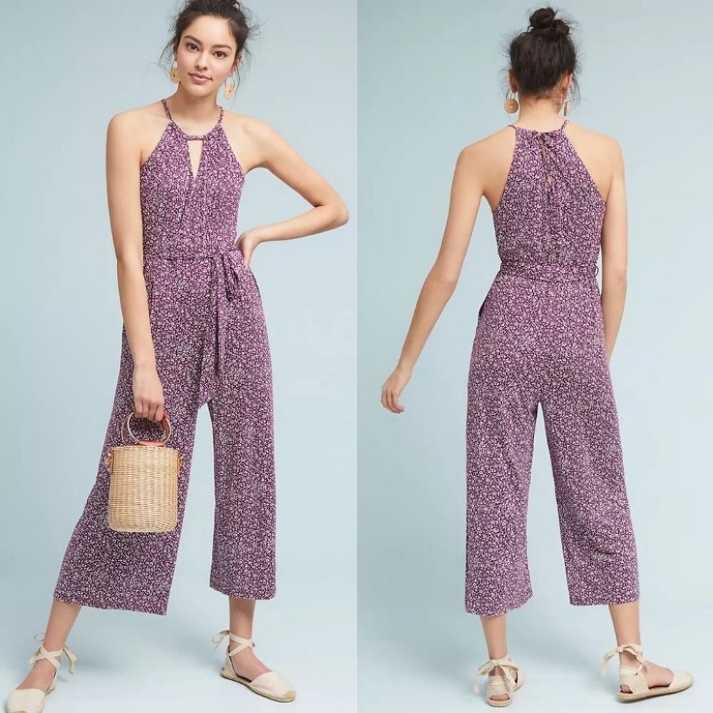 Anthropologie Purple Bohemian Jumpsuit Wide Leg Tie Waist Halter Neck Claremont